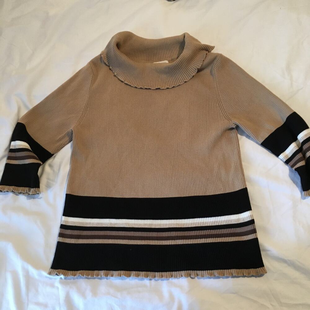 Designers Originals Large Cowl Neck Sweater 3/4 Sleeve Tan Black/White Stripes